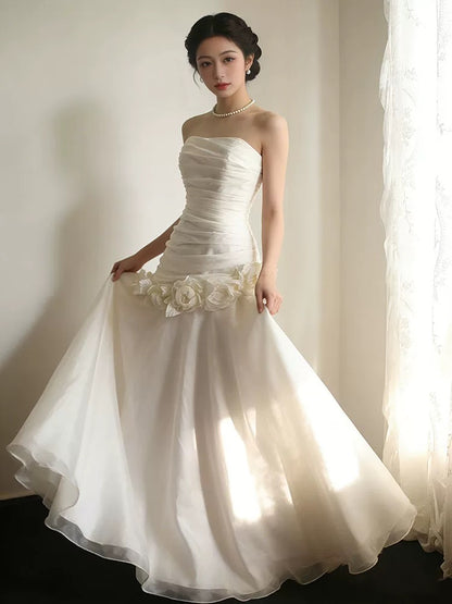Chic Wedding Dresses Mermaid Strapless Neck With Flowers Garden Wedding Dress N4290