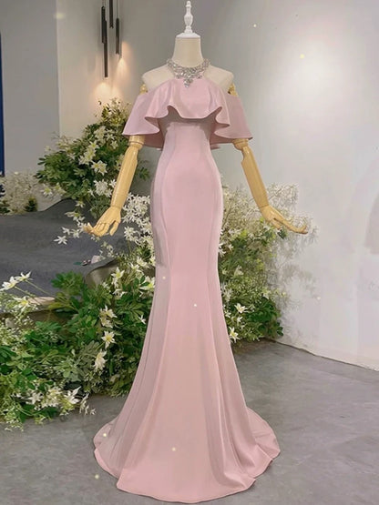Sexy Abendkleider Formelle Meerjungfrau Hoher Ausschnitt Pink mit Perlen Lange Ballkleider N4292