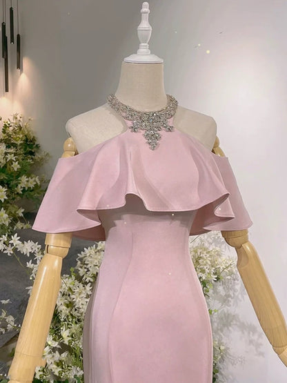 Sexy Abendkleider Formelle Meerjungfrau Hoher Ausschnitt Pink mit Perlen Lange Ballkleider N4292