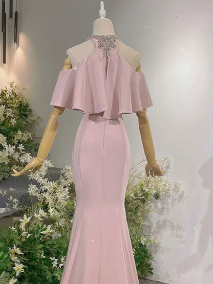 Sexy Abendkleider Formelle Meerjungfrau Hoher Ausschnitt Pink mit Perlen Lange Ballkleider N4292