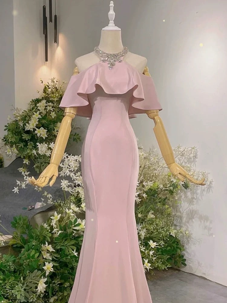 Sexy Abendkleider Formelle Meerjungfrau Hoher Ausschnitt Pink mit Perlen Lange Ballkleider N4292