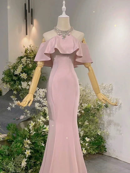 Sexy Abendkleider Formelle Meerjungfrau Hoher Ausschnitt Pink mit Perlen Lange Ballkleider N4292