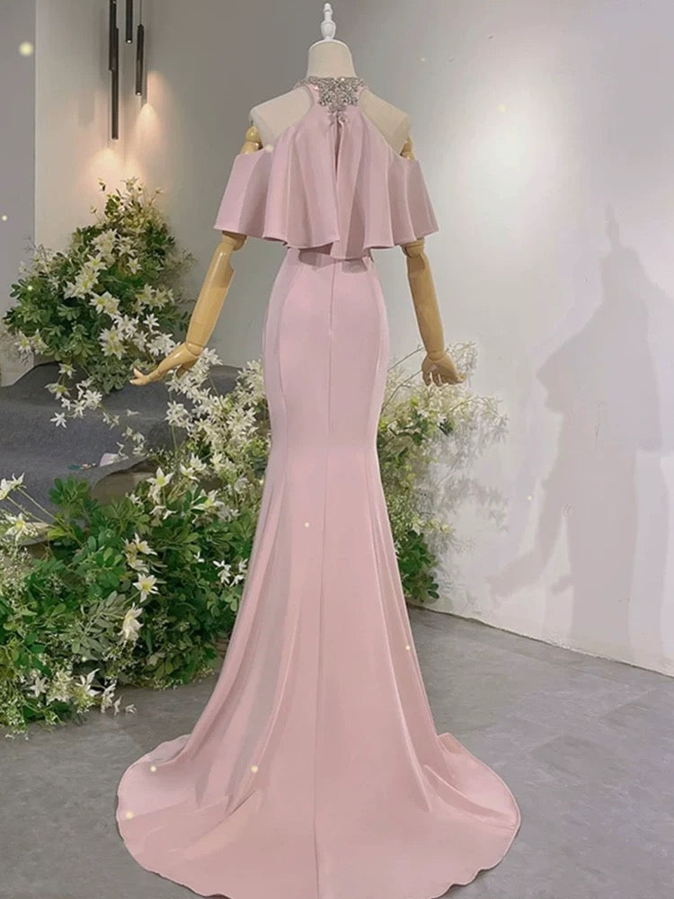 Sexy Abendkleider Formelle Meerjungfrau Hoher Ausschnitt Pink mit Perlen Lange Ballkleider N4292