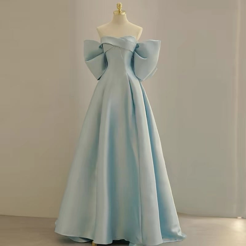 Sexy Prom Dresses Formal Ball Gowns Strapless Blue With Bow Long Party Gowns N4293