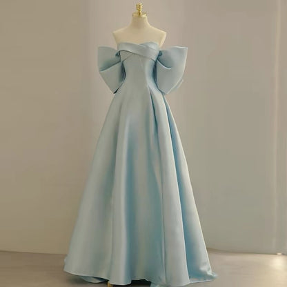 Sexy Prom Dresses Formal Ball Gowns Strapless Blue With Bow Long Party Gowns N4293