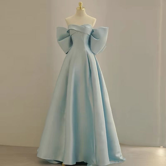 Sexy Prom Dresses Formal Ball Gowns Strapless Blue With Bow Long Party Gowns N4293