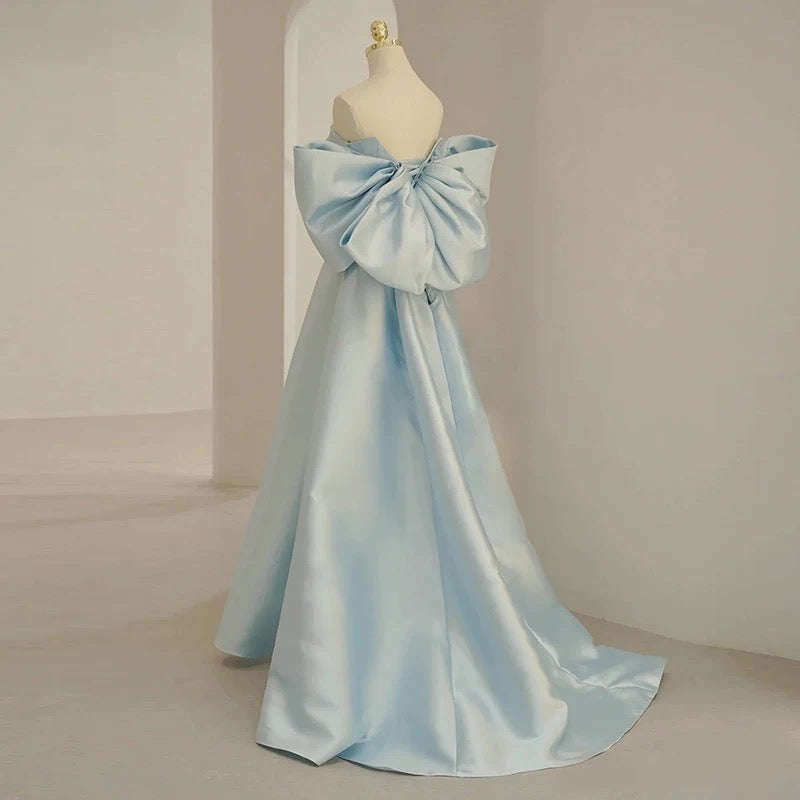 Sexy Prom Dresses Formal Ball Gowns Strapless Blue With Bow Long Party Gowns N4293