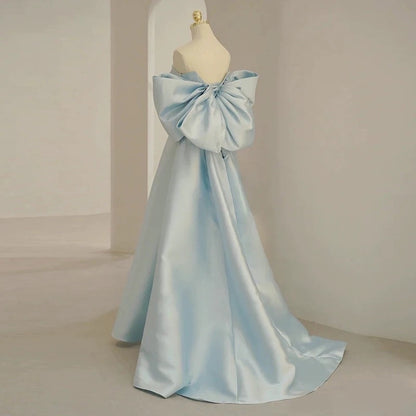 Sexy Prom Dresses Formal Ball Gowns Strapless Blue With Bow Long Party Gowns N4293