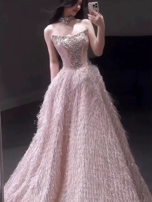 Prinzessin Abschlussballkleider Ballkleider Trägerlos Rosa Perlen Abend Lange Formelle Kleider N4295