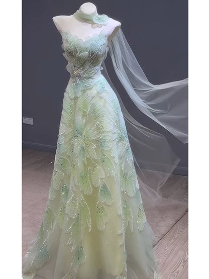 Princess Prom Dresses A line Strapless Green With Scarf Beading Evening Long Formal Dress N4296