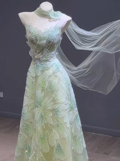 Princess Prom Dresses A line Strapless Green With Scarf Beading Evening Long Formal Dress N4296