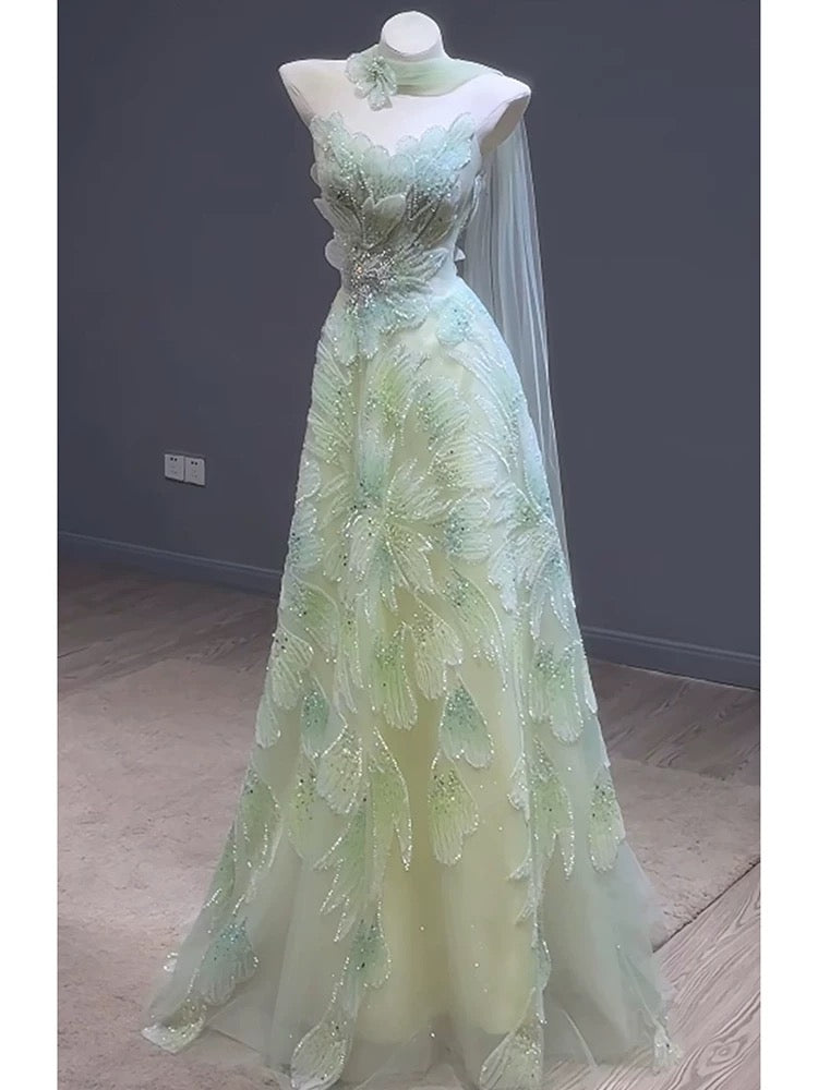 Princess Prom Dresses A line Strapless Green With Scarf Beading Evening Long Formal Dress N4296