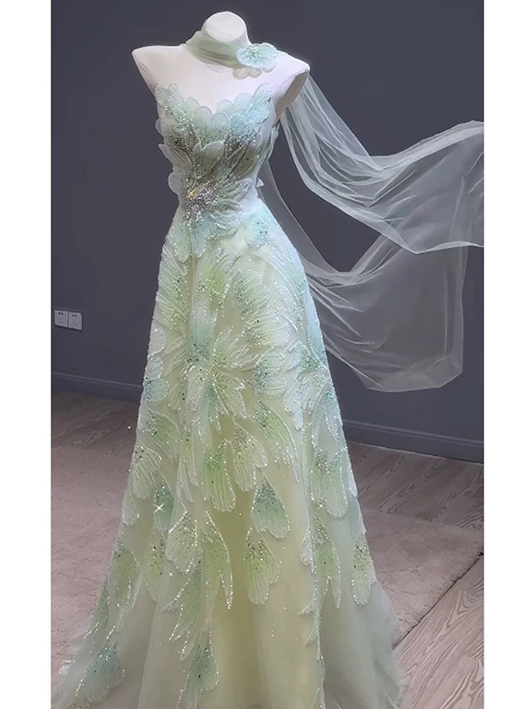 Princess Prom Dresses A line Strapless Green With Scarf Beading Evening Long Formal Dress N4296