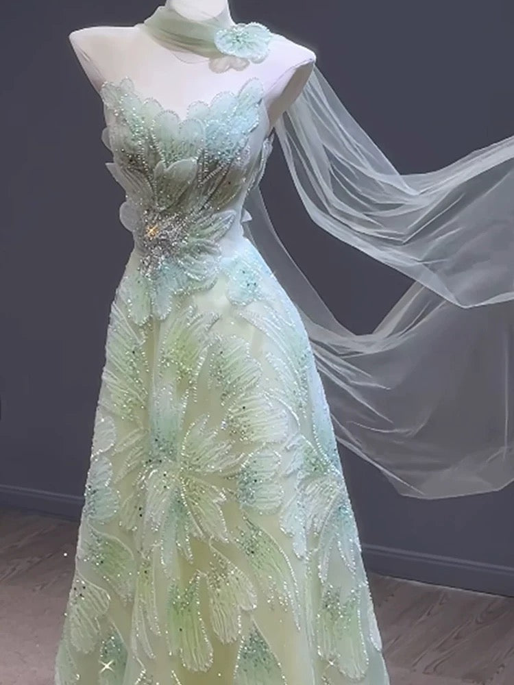 Princess Prom Dresses A line Strapless Green With Scarf Beading Evening Long Formal Dress N4296