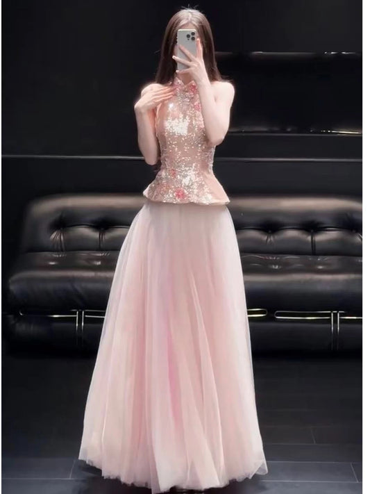 Verträumte Abschlussballkleider A-Linie Hochgeschlossen Rosa Tüll mit Blumen Ärmellos Abend Lange Formelle Outfits RB3726