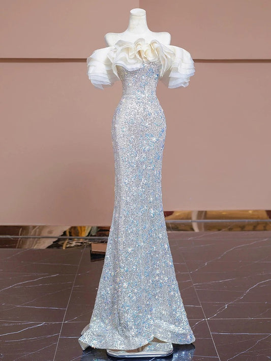 Elegante Abschlussballkleider Meerjungfrau schulterfrei weiß Pailletten Korsett tailliert Abendkleid lang festliche Party-Outfits RB3728
