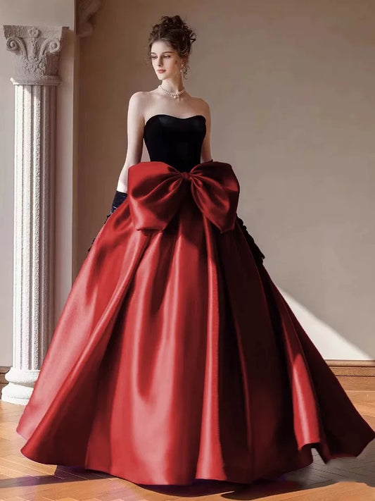 Prinzessin Abschlussballkleider Ballkleider Trägerlos Burgund Mit Handschuhen Samt Abend Langes Festliches Kleid RB3730