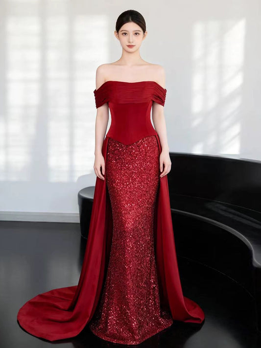 Elegante Abschlussballkleider Meerjungfrau Carmen-Ausschnitt Rot Korsett Figurbetont Abend Lang Formelle Party Outfits RB3729