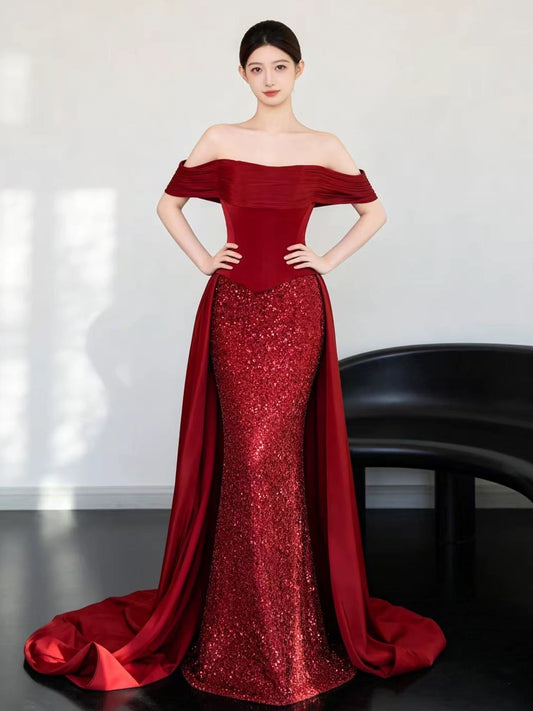 Elegante Abschlussballkleider Meerjungfrau Carmen-Ausschnitt Rot Korsett Figurbetont Abend Lang Formelle Party Outfits RB3729