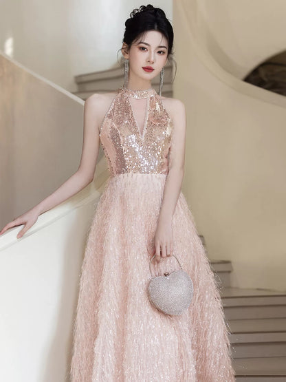 Sexy Prom Dresses A Line Halter Light Pink Sequin Evening Long Formal Dress RB3731