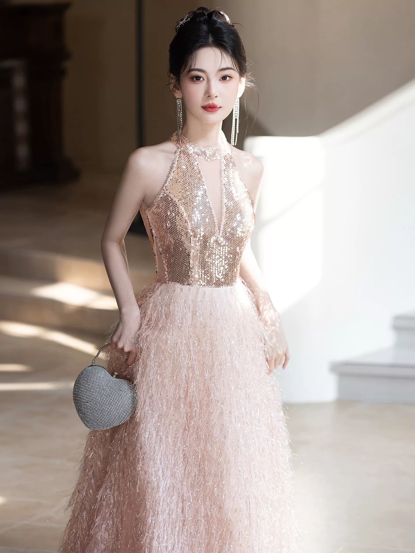 Sexy Prom Dresses A Line Halter Light Pink Sequin Evening Long Formal Dress RB3731