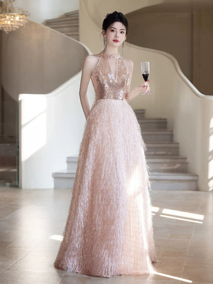 Sexy Prom Dresses A Line Halter Light Pink Sequin Evening Long Formal Dress RB3731