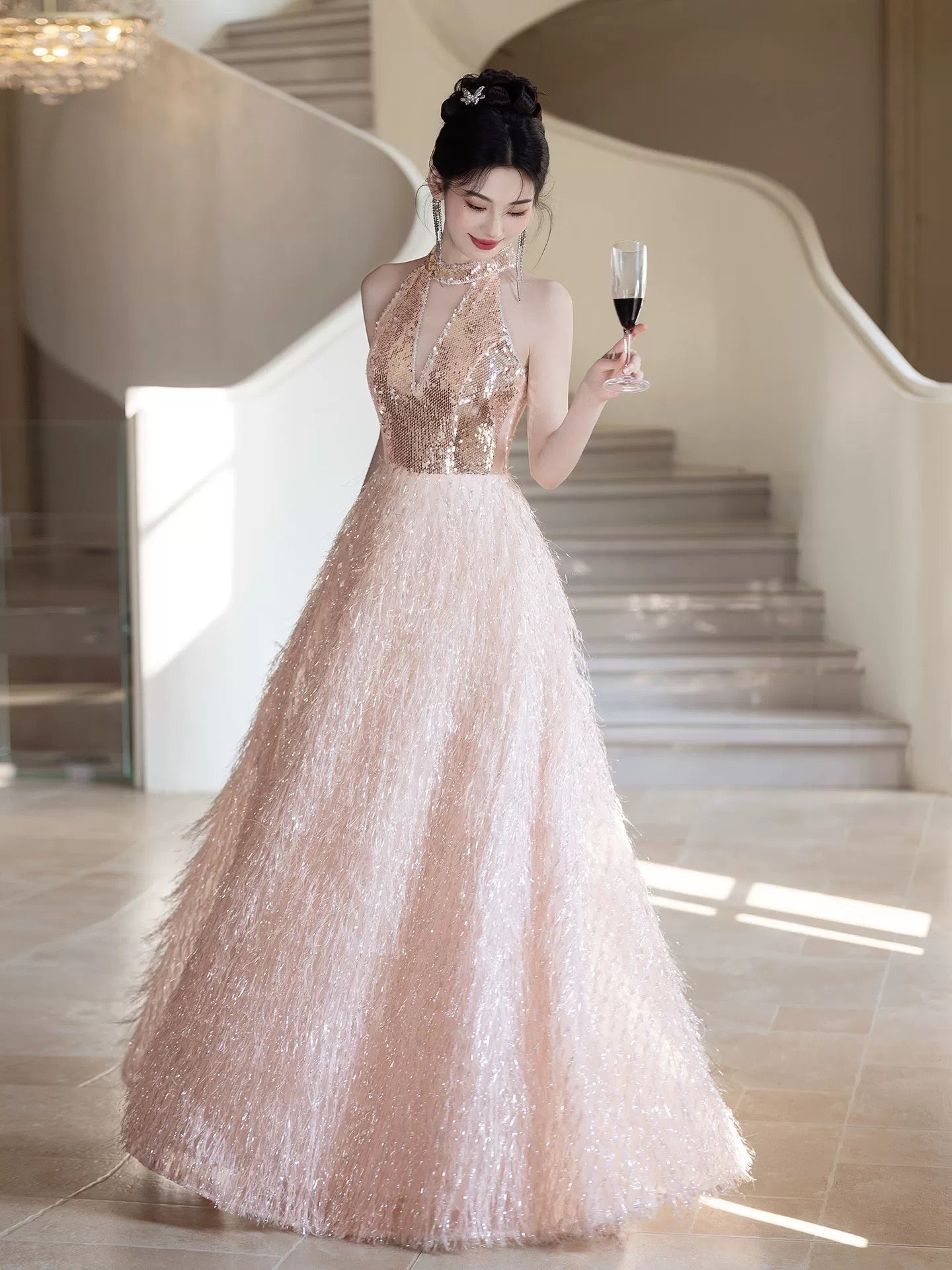 Sexy Prom Dresses A Line Halter Light Pink Sequin Evening Long Formal Dress RB3731