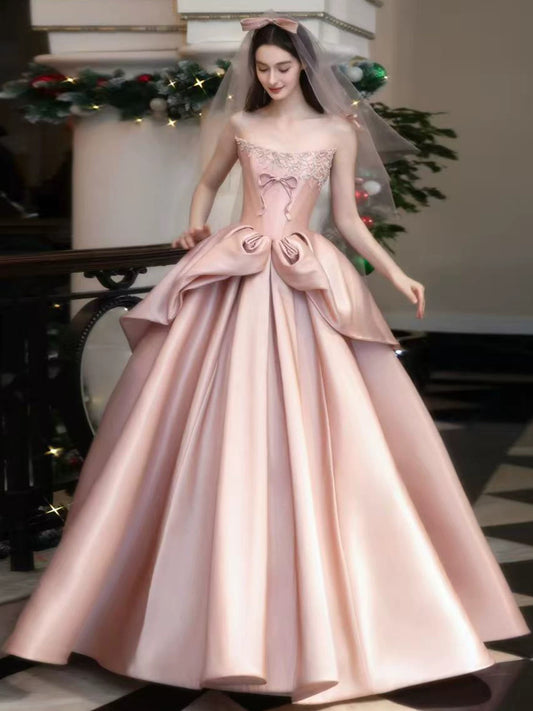 Prinzessinnen-Ballkleid Trägerlos Rouge-Rosa mit Perlen Satin Abendkleid Langes Festliches Kleid RB3732