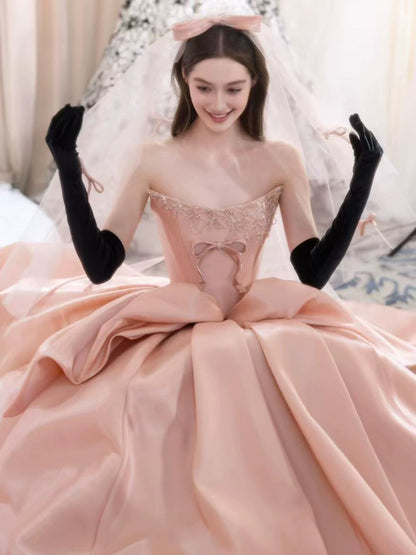 Robes de bal de princesse bustier rose fard à joues avec perles en satin longue robe de soirée formelle RB3732