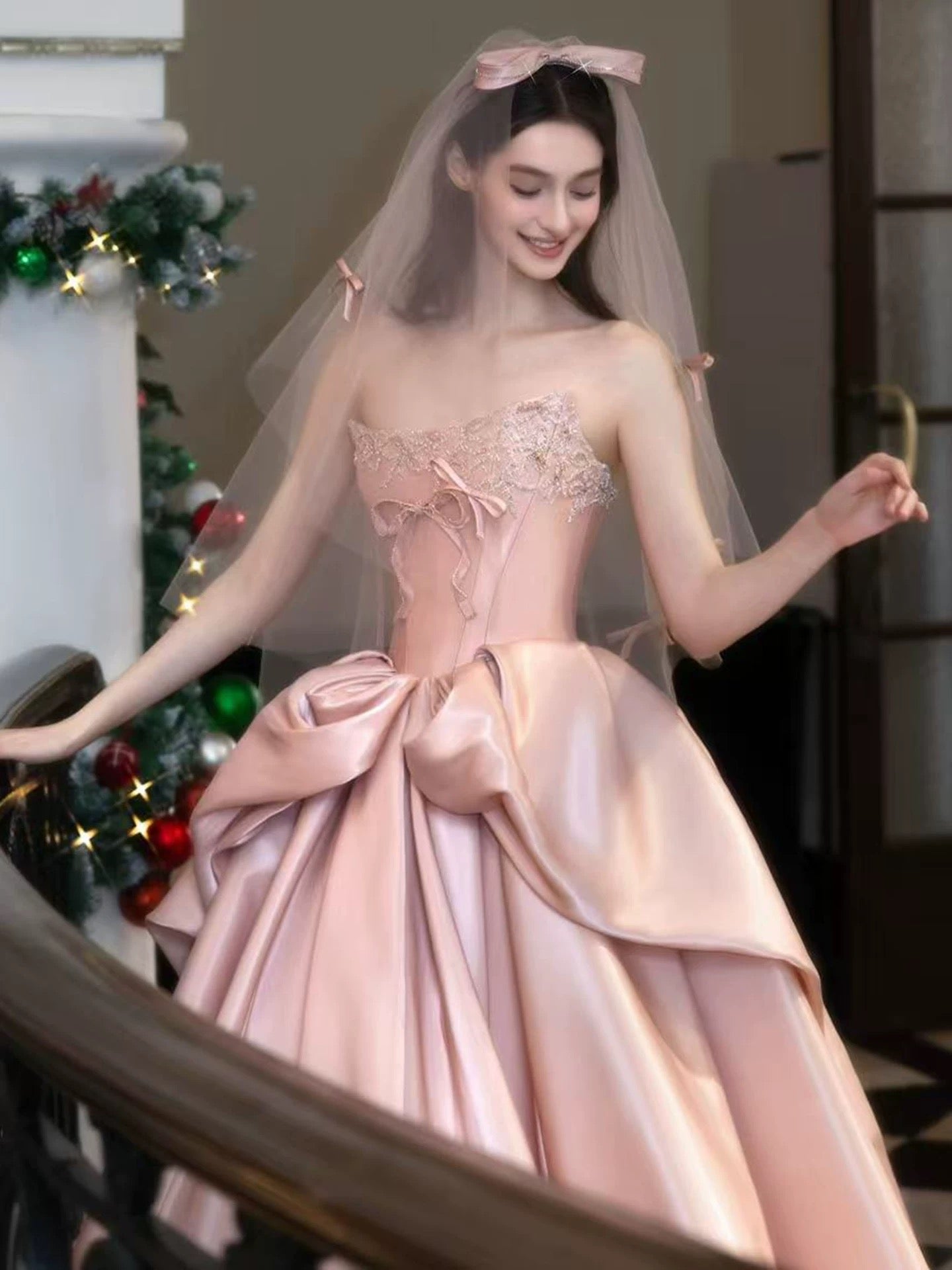 Robes de bal de princesse bustier rose fard à joues avec perles en satin longue robe de soirée formelle RB3732