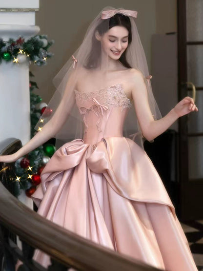 Robes de bal de princesse bustier rose fard à joues avec perles en satin longue robe de soirée formelle RB3732