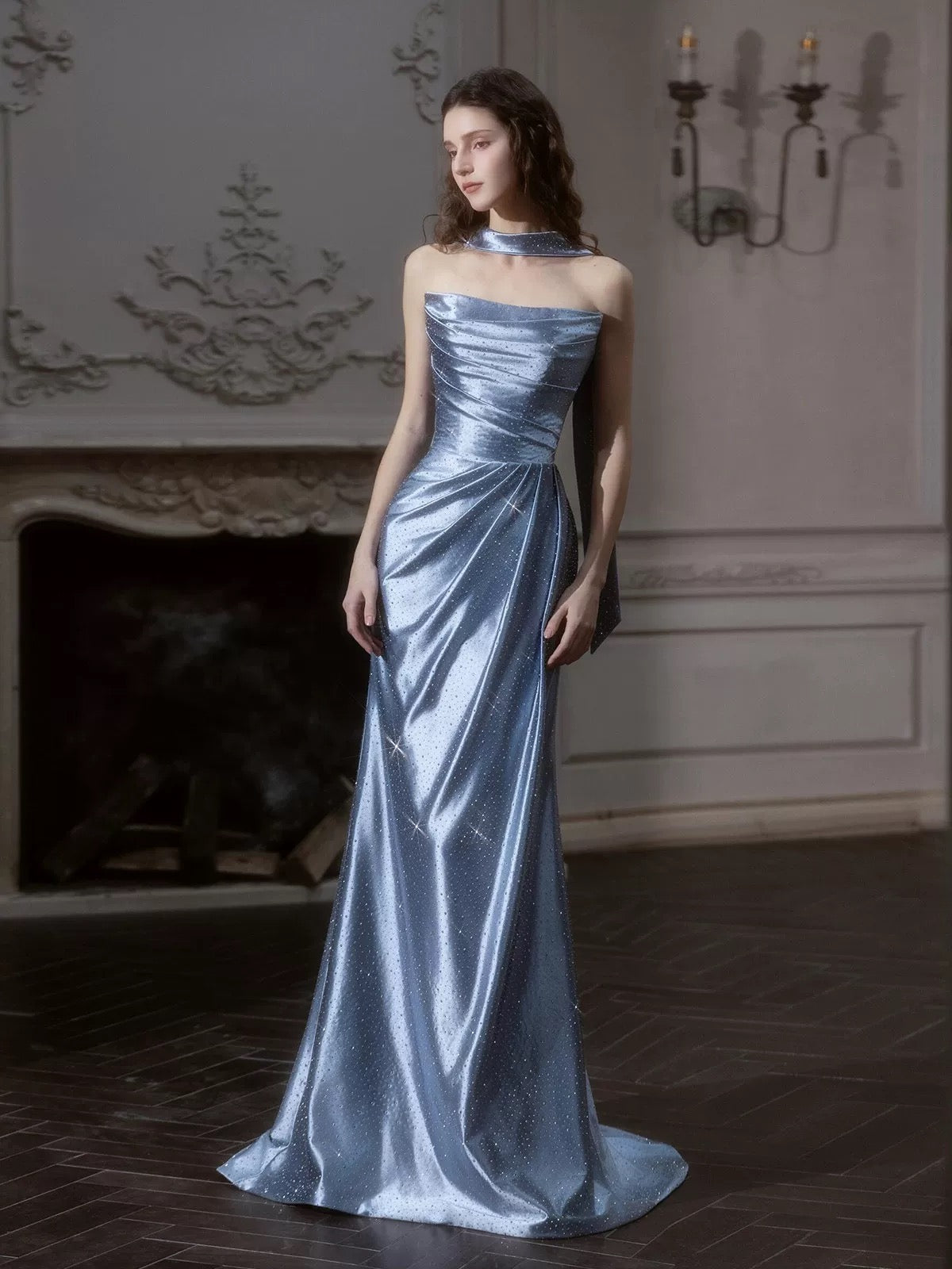 Sexy Mermaid Strapless Dusty Blue Satin With Scarf Beading Evening Long Formal Dress RB3733