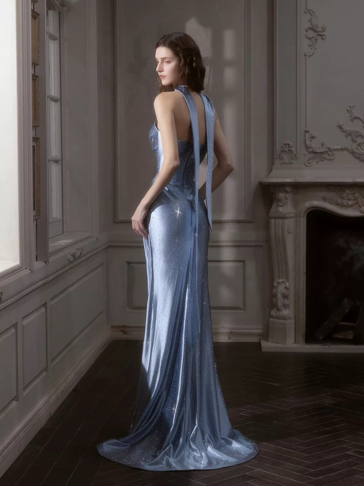 Sexy Mermaid Strapless Dusty Blue Satin With Scarf Beading Evening Long Formal Dress RB3733