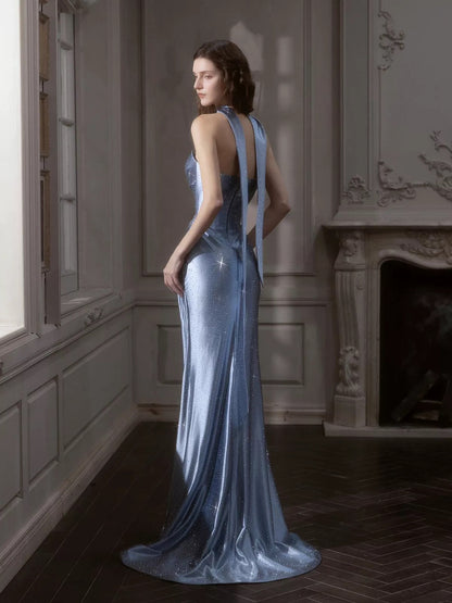 Sexy Mermaid Strapless Dusty Blue Satin With Scarf Beading Evening Long Formal Dress RB3733