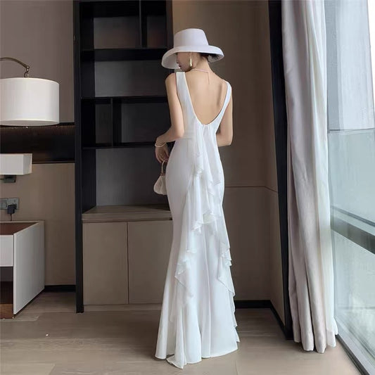 Sexy Meerjungfrau-Ausschnitt Weißer Satin mit Rüschen Abendkleid Lang Halbformelles Kleid RB3735