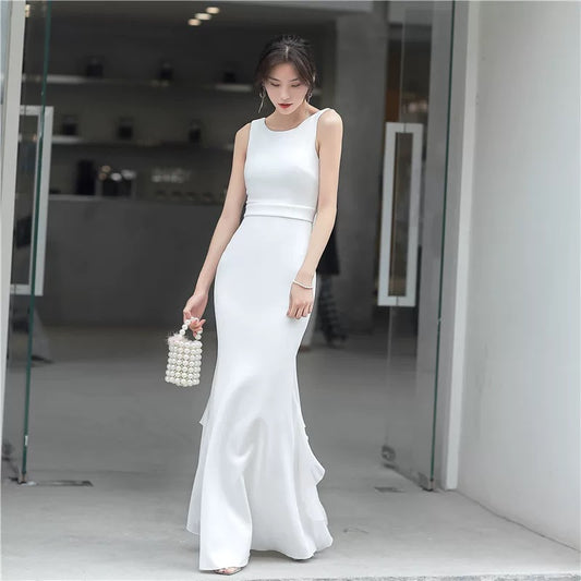 Sexy Meerjungfrau-Ausschnitt Weißer Satin mit Rüschen Abendkleid Lang Halbformelles Kleid RB3735