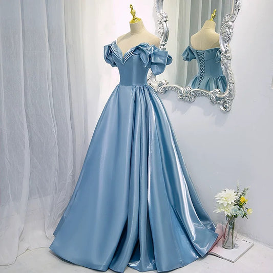 Elegante Ballkleider für den Abschlussball, schulterfrei, aus blauem Satin, mit Korsett, tailliertes Abendkleid, lange formelle Partykleidung RB3736
