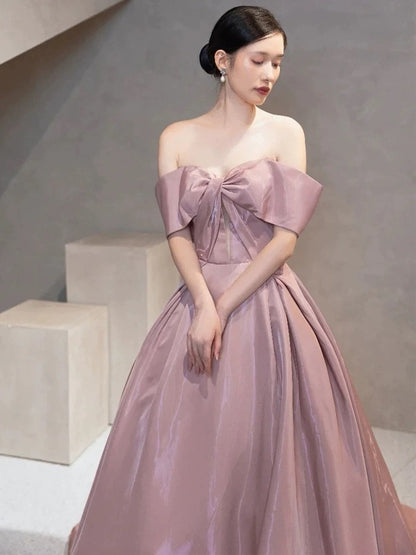 Robes de bal élégantes Robe de bal Épaules dénudées en satin rose Corset ajusté Robes de soirée longues Tenues de fête formelles RB3737