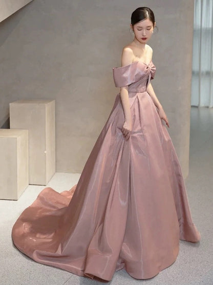 Robes de bal élégantes Robe de bal Épaules dénudées en satin rose Corset ajusté Robes de soirée longues Tenues de fête formelles RB3737