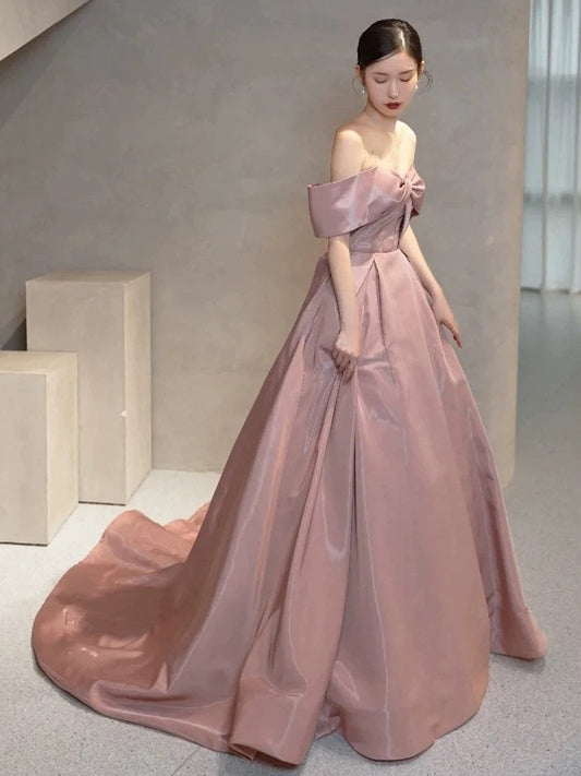 Elegante Abschlussballkleider Ballkleid Off-Shoulder Pink Satin Korsett Figurbetont Abend Lang Formelle Party Outfits RB3737