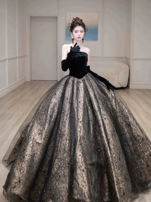 Prinzessin Abschlussballkleider Ballkleid Trägerlos Schwarz Mit Handschuhen Tüll Abend Lang Formales Kleid RB3738