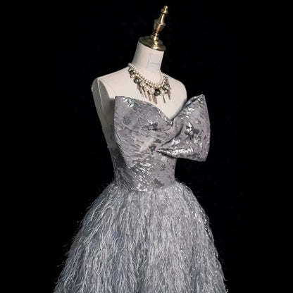 Princess Prom Dresses Ball Gown Strapless Grey With Bow Evening Long Formal Dress RB3739