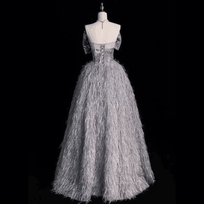Princess Prom Dresses Ball Gown Strapless Grey With Bow Evening Long Formal Dress RB3739