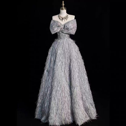 Princess Prom Dresses Ball Gown Strapless Grey With Bow Evening Long Formal Dress RB3739