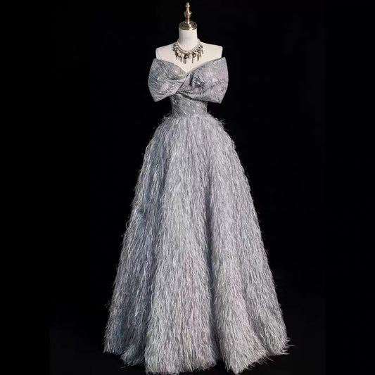 Prinzessin Abschlussballkleider Ballkleid Trägerlos Grau mit Schleife Abend Lang Formales Kleid RB3739