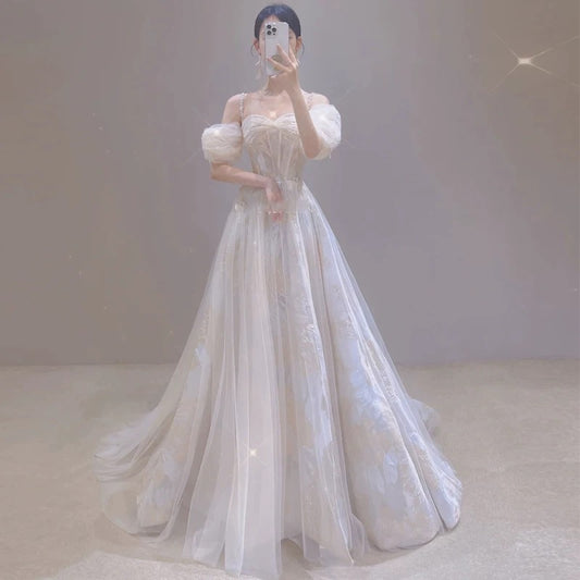 Chic A line Off The Shoulder With Sleeves White Tulle Summer Bridal Gown Long Wedding Dress RB3740