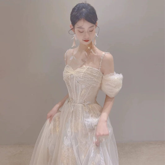 Chic A line Off The Shoulder With Sleeves White Tulle Summer Bridal Gown Long Wedding Dress RB3740