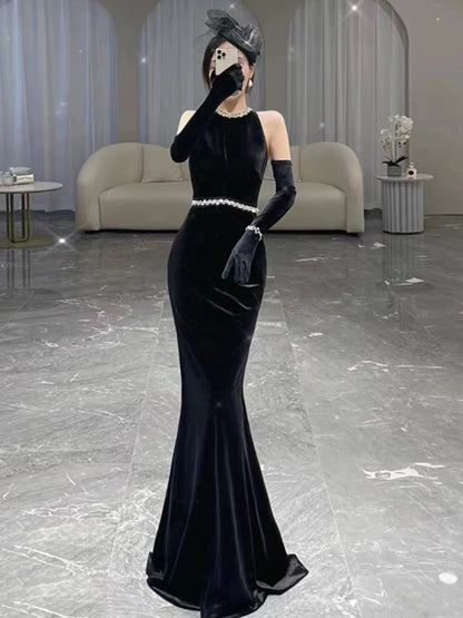 Glam Mermaid Scoop Black Tie Kleid Ballkleider Samt Abend Lang Semi Formales Kleid RB3740