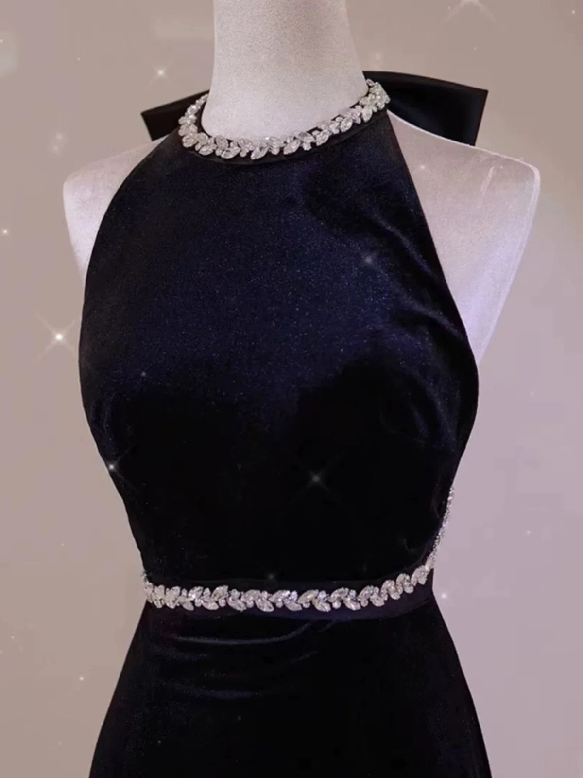 Glam Mermaid Scoop Black Tie Kleid Ballkleider Samt Abend Lang Semi Formales Kleid RB3740