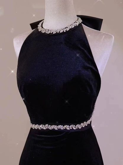 Glam Mermaid Scoop Black Tie Kleid Ballkleider Samt Abend Lang Semi Formales Kleid RB3740